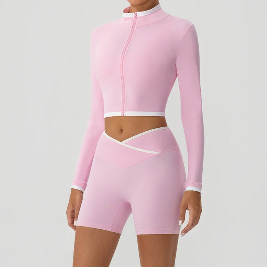 Autumn Winter Yoga Wear Coat Contrast Color Body Shaping Stand Collar Zipper Running Long Sleeve Top Women