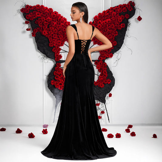 Black Velvet Spaghetti Straps Crystals Beaded Waist Tight Dress