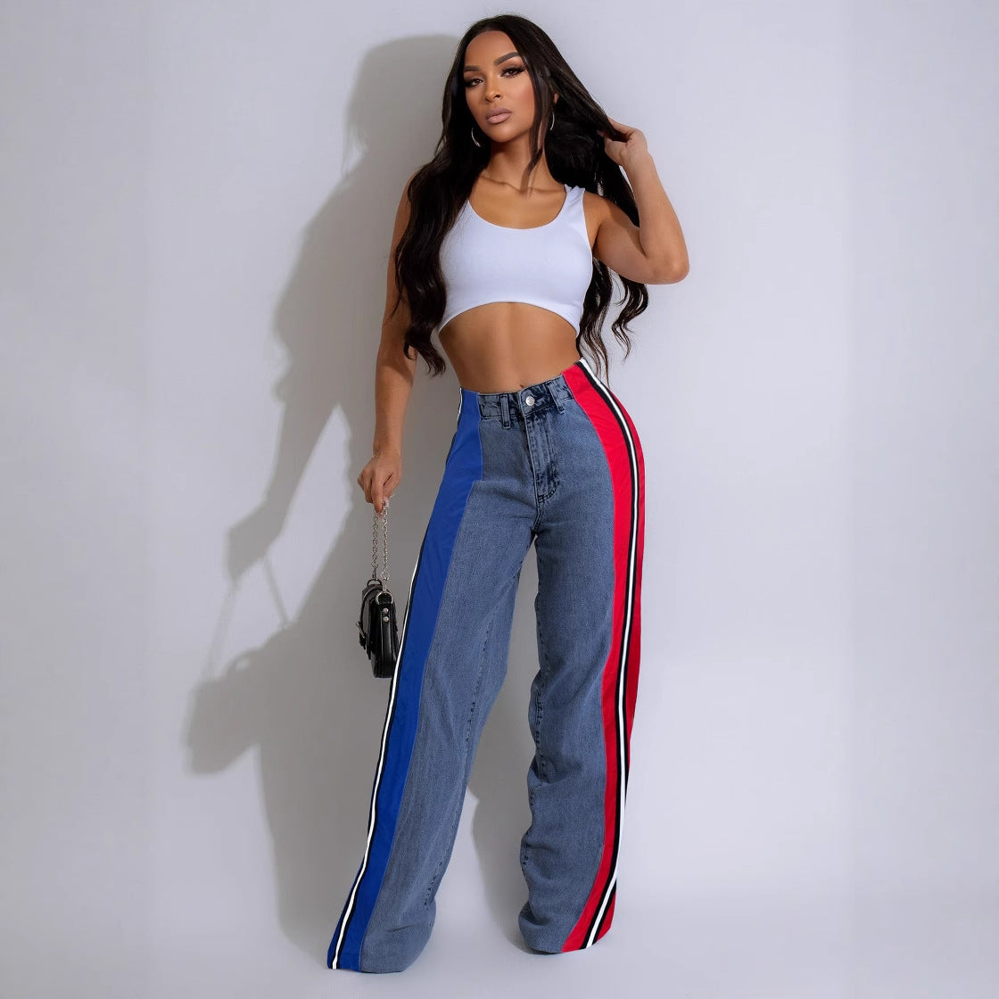 Women Clothing Patchwork Stripes Contrast Color Denim Trousers Casual Waist Stretchy Straight Leg Pants