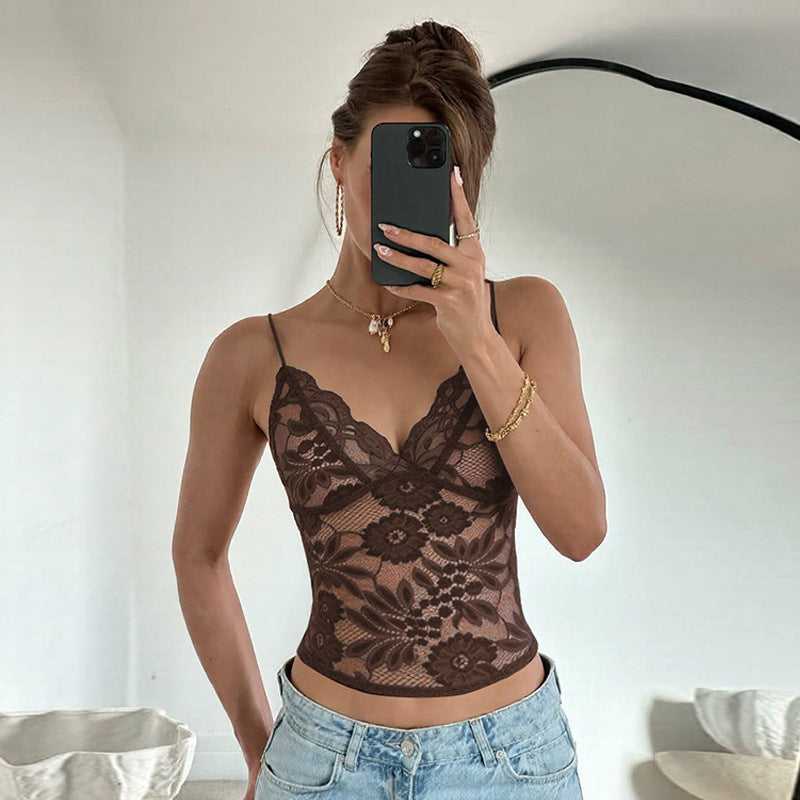 See through Lace Spaghetti Strap Bandeau Slim Fit Deep V Plunge Vest