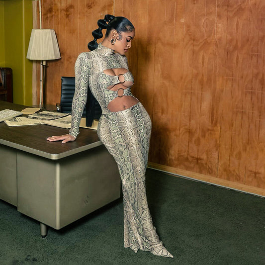 Snake Pattern Printed Sexy Slim Fit Ring Long Sleeve Hollow Out Cutout out Maxi Dress