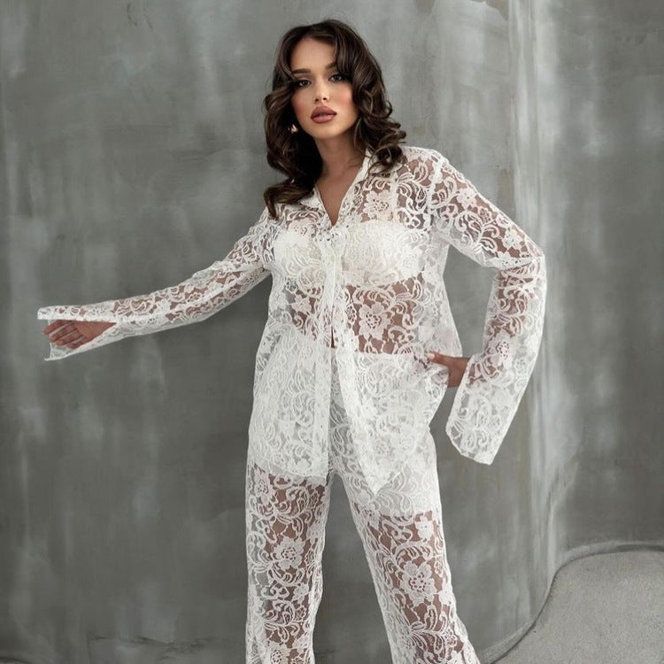 Women Clothing Sexy Hollow Out Cutout out See through Collared Long Sleeve Cardigan Shirt Wide Leg Pants Two Piece Set