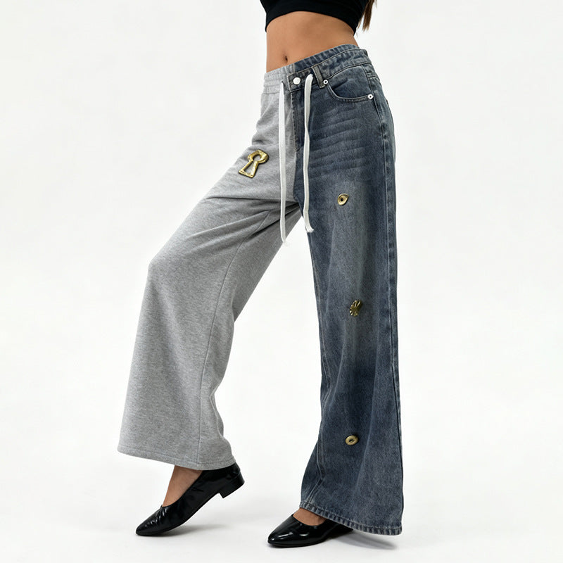 Street Stitching Jeans Niche Contrast Color Straight Leg Trousers