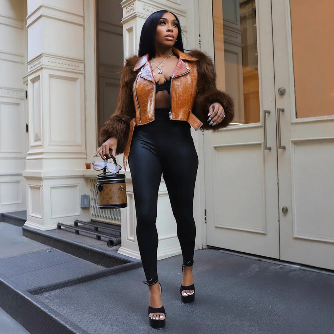 Stitching Fur Motorcycle Jacket Faux Leather Jacket Street Warm Top