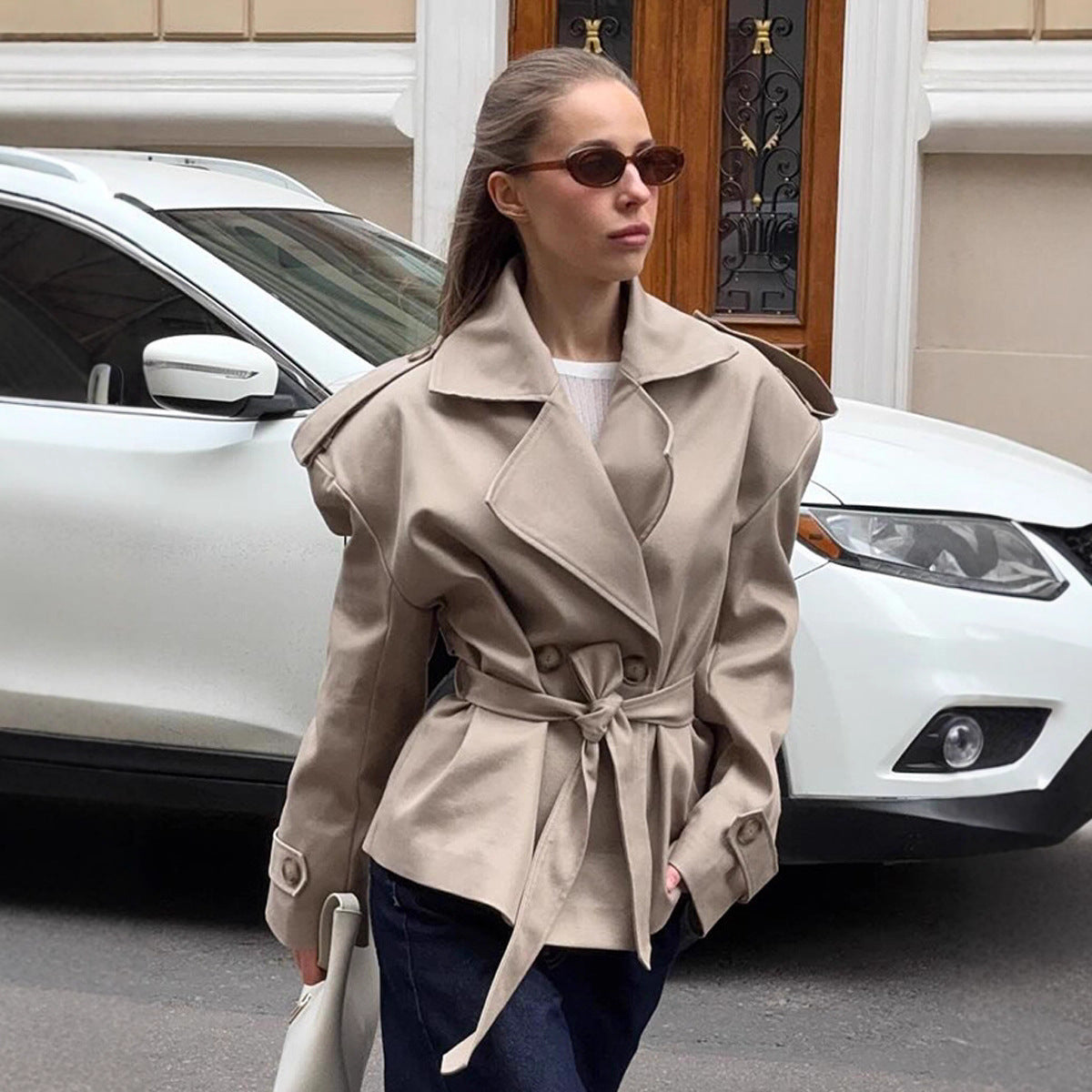 Long Sleeved Lace up Elegant Collared Belt Waist Trimming Coat