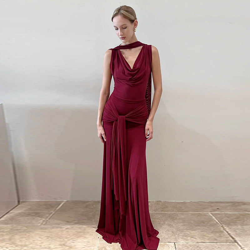 Women Clothing Winter Sexy Backless Gauzy Slim Fit Patchwork Tied Dress Women