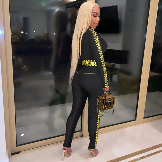 Women Clothing Sexy Letters Printing Strip Stitching Jumpsuit