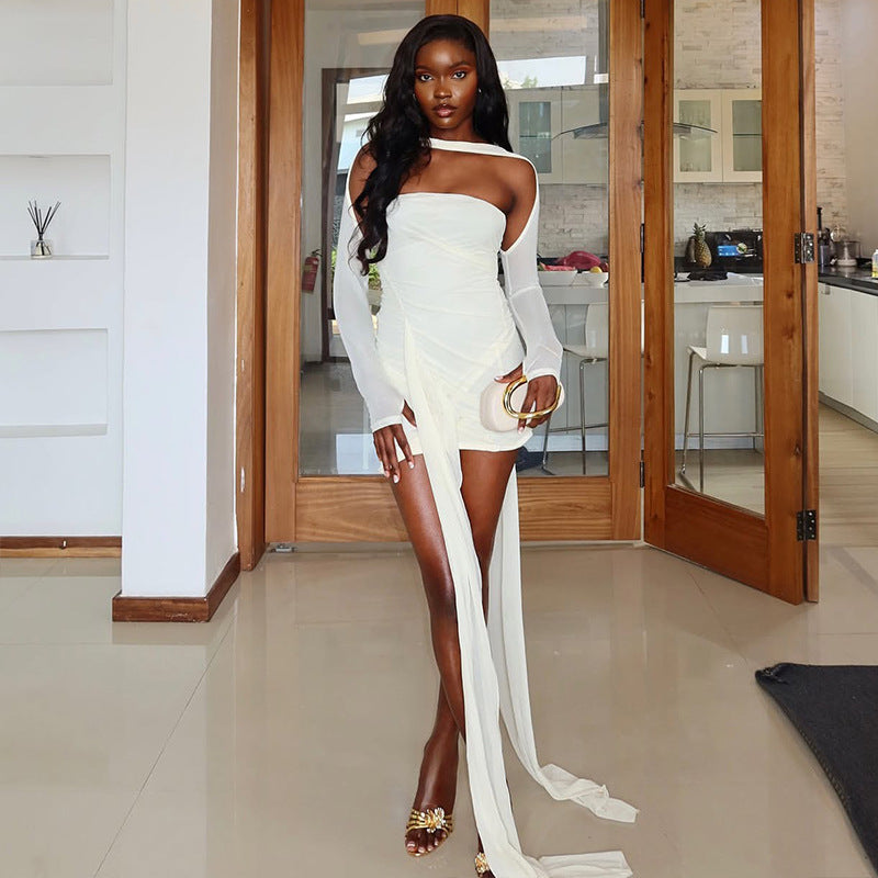 Split Sexy Asymmetric Dress off Neck Long Sleeve Slim Dress