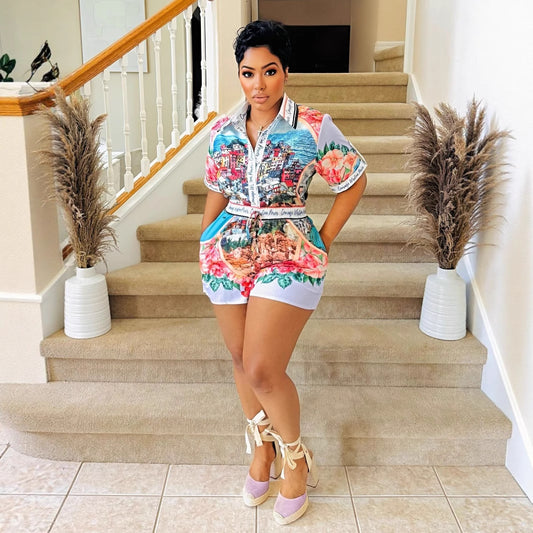 Women Clothing Personalized Positioning Printed Short Sleeved Shorts Color Matching Vacation Casual Two Piece Sets