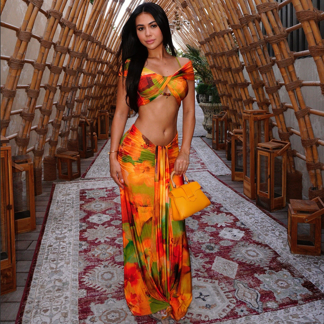 Drop Shoulder Hollow Out Cutout Low Waist Cropped Skirt Set