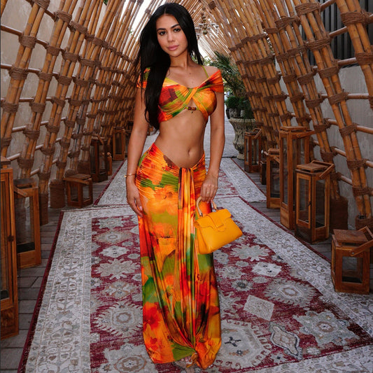 Drop Shoulder Hollow Out Cutout Low Waist Cropped Skirt Set