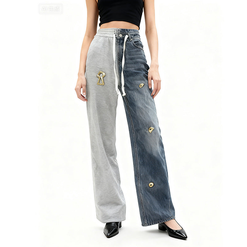 Street Stitching Jeans Niche Contrast Color Straight Leg Trousers