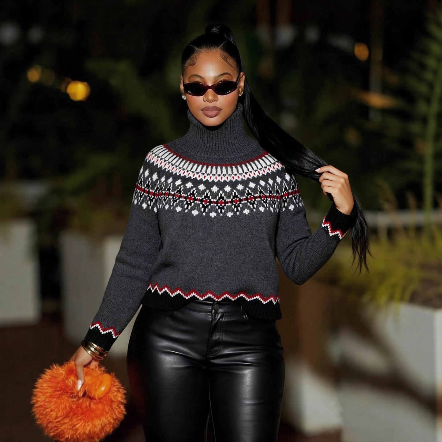 Autumn Winter Turtleneck Brocade Sweater Retro Contrast Color Ethnic Knitwear Loose Warm Top