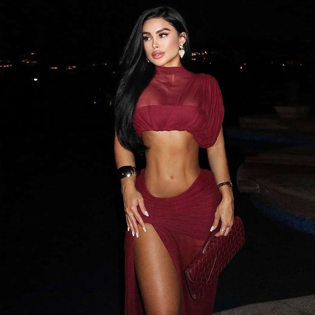 Sexy Mesh Short Cropped Top Solid Color Split Skirt Set