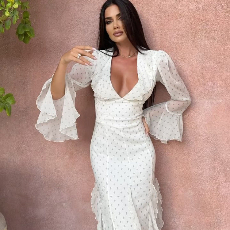 Printed Chiffon Ruffled Bell Sleeve High Waist Maxi Dress