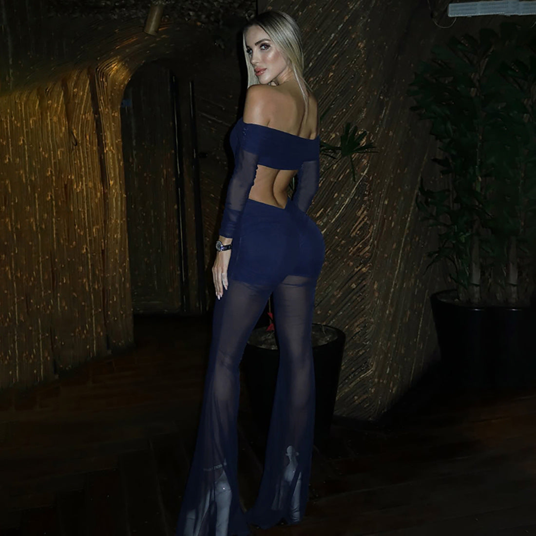 Mesh See through Sexy Off The Shoulder Long Sleeve Pull Slim Fit Bodysuit