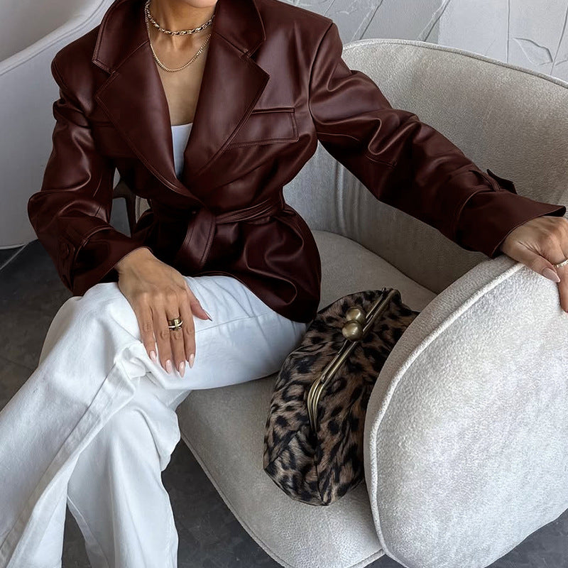 Long Sleeved Leather Fashionable Elegant Faux Leather Coat