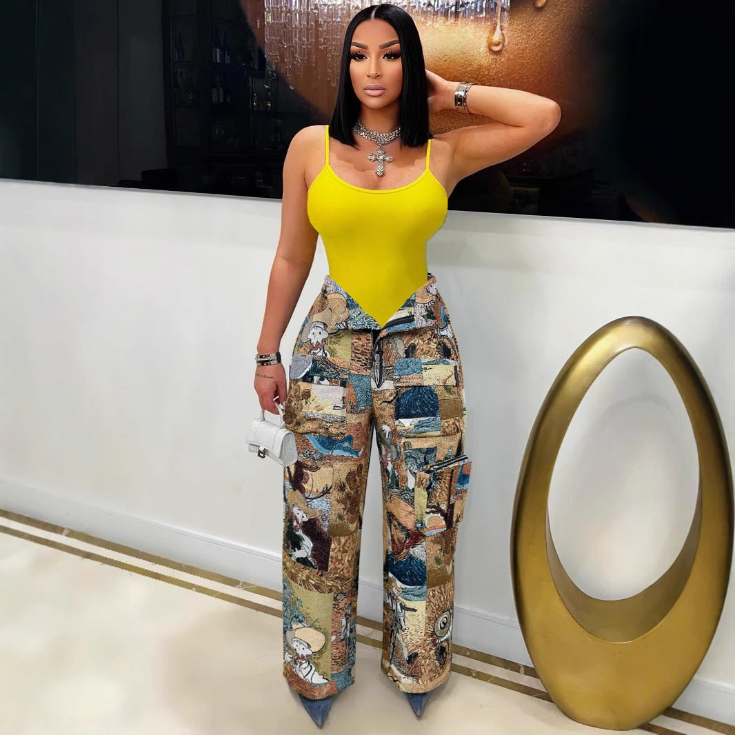 Women Clothing Casual Trousers Trend Jacquard Retro Multi Pocket Cargo Pants