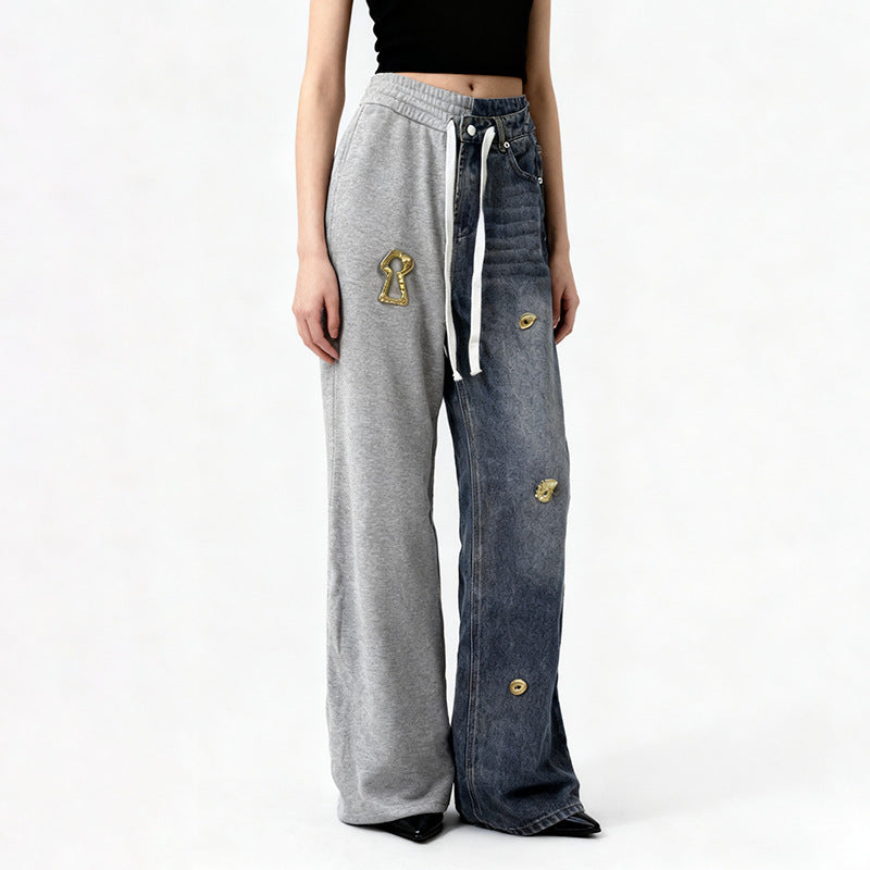 Street Stitching Jeans Niche Contrast Color Straight Leg Trousers