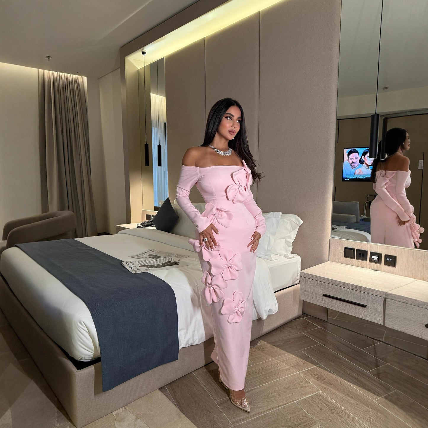 Sheath Three Dimensional Floral off Shoulder Long Sleeve Dress