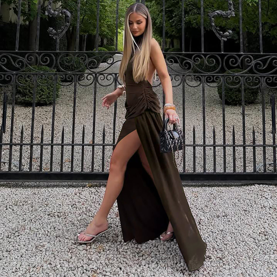 Mesh Patchwork Slit Halter Sexy Backless Elegant Dress