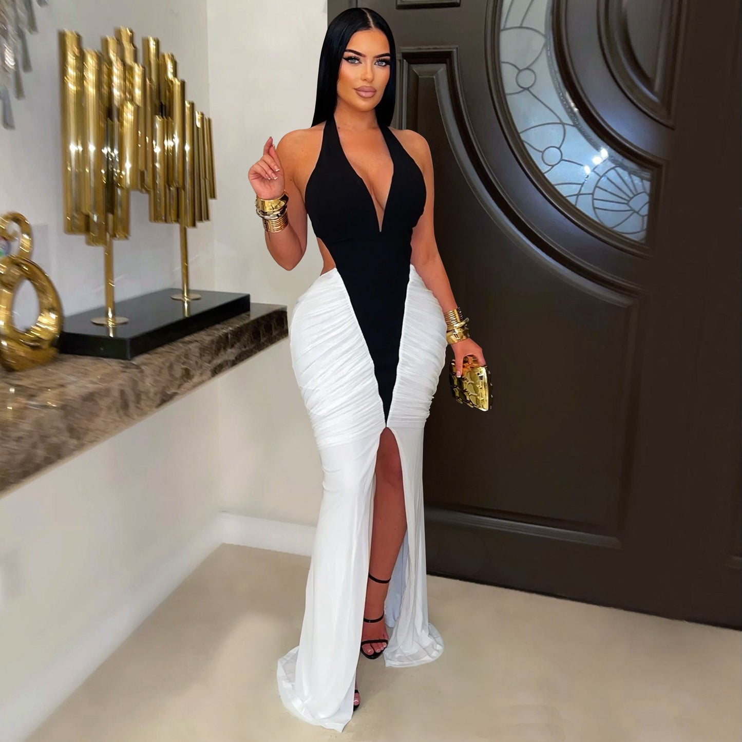 V Neck Arm Covering Split Backless Dress