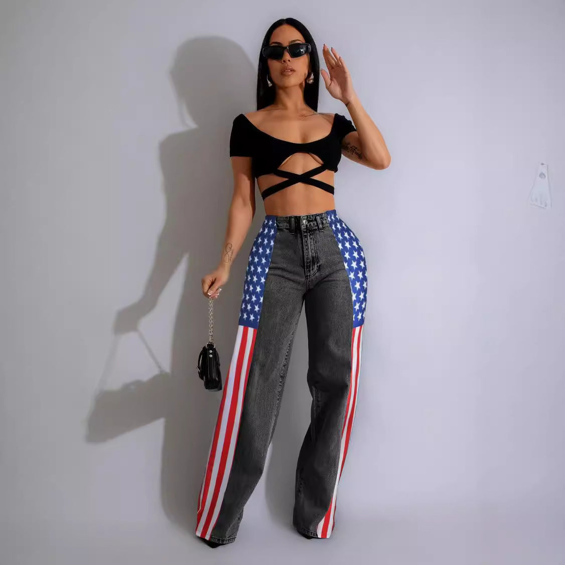 Flag Print Stretchy Wide Leg Denim Trousers Women Casual High Waist Straight Jeans