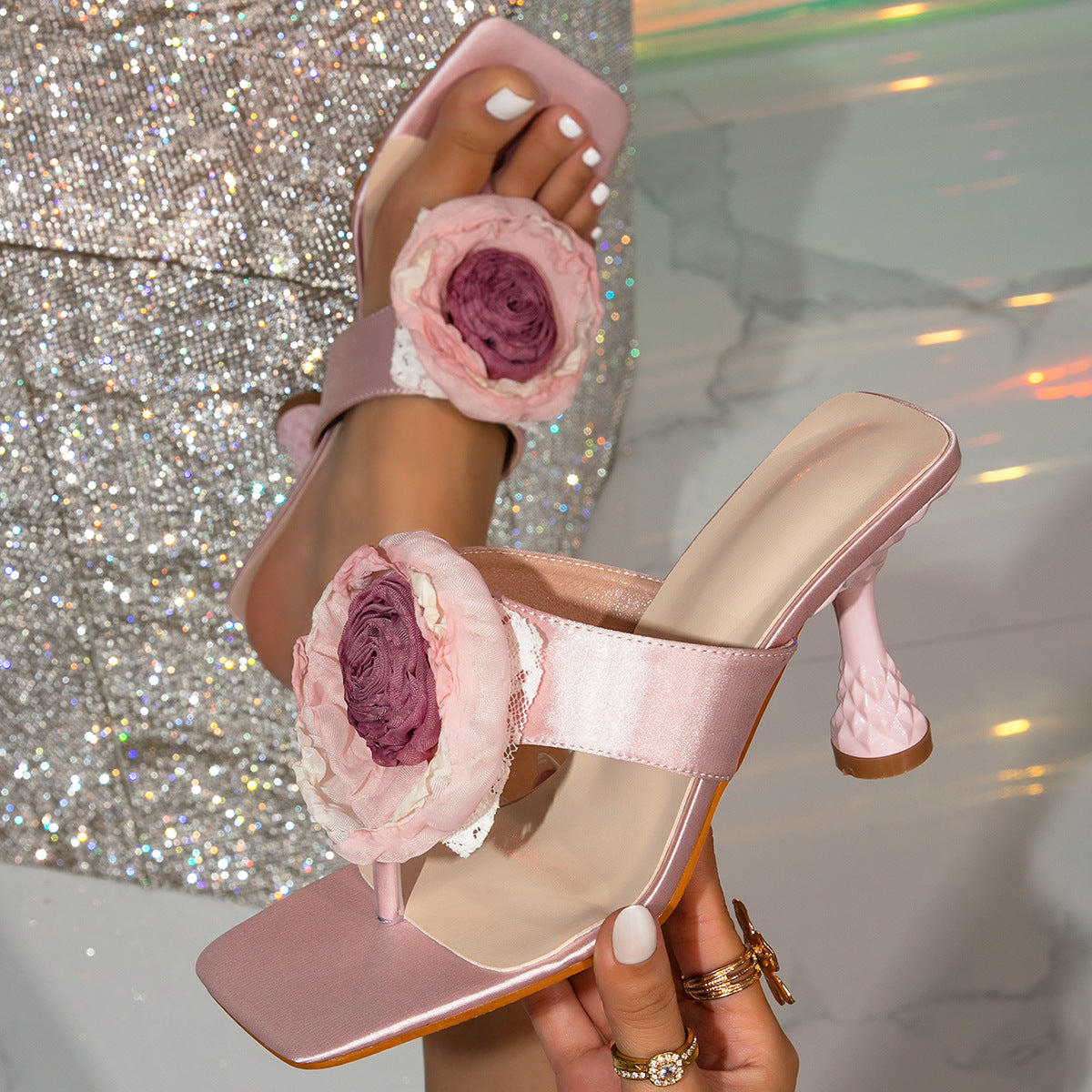 Floral High Heel Sandals Spring Summer Flip Stiletto Heel Slippers