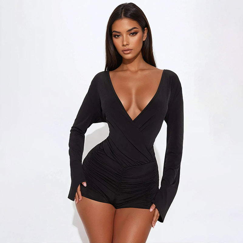 Deep V Plunge neck Flared Long Sleeve Bare Back Lace up Romper