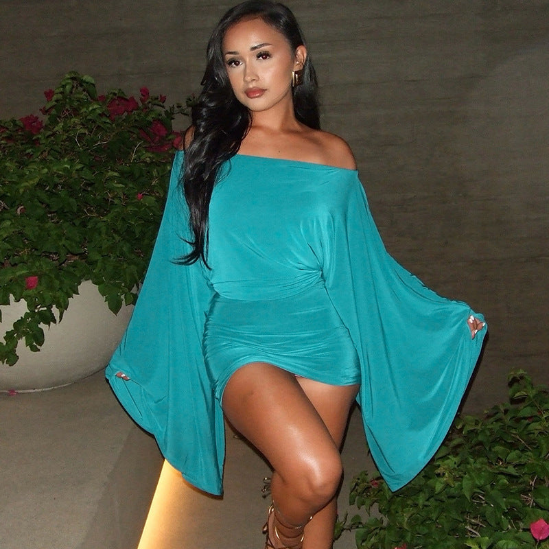 Women Clothing Autumn off Shoulder Big Horn Long Sleeve Top Sheath Short Skirt Set