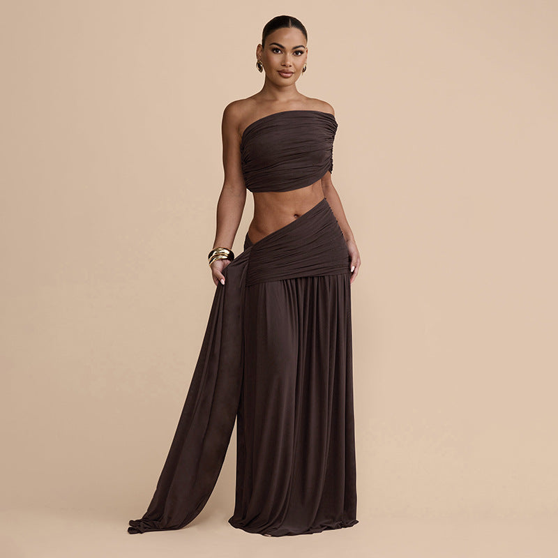 Sexy Solid Color Tube Top Vest Slim Ribbon Pleated Skirt Sets