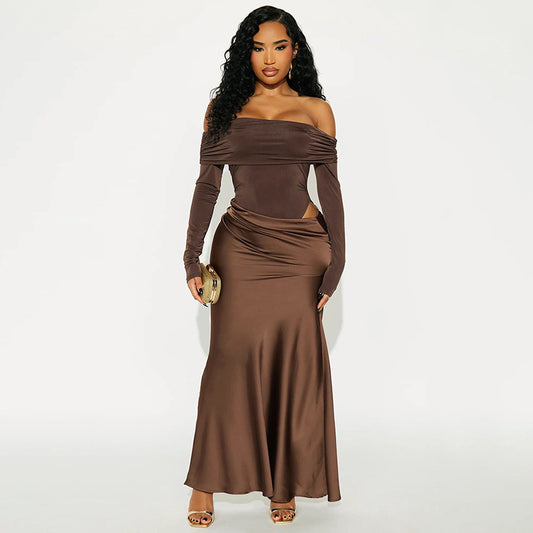 Solid Color Elegant Slim Satin off Neck Long Sleeve Maxi Dress