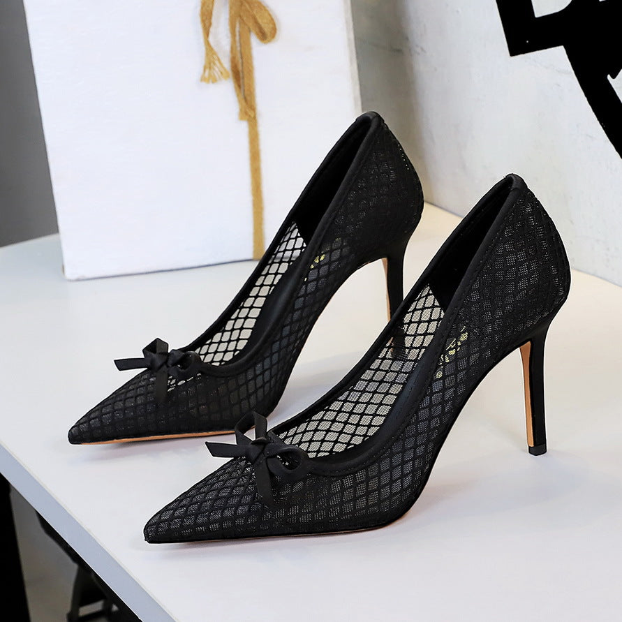 French High Heels Bow Pointed Shallow Mouth Mesh Lace Stiletto Heel Slip on Pumps Women