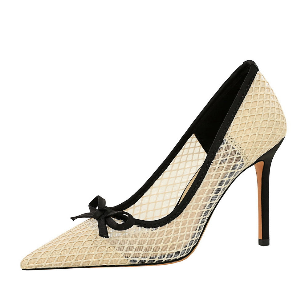 French High Heels Bow Pointed Shallow Mouth Mesh Lace Stiletto Heel Slip on Pumps Women