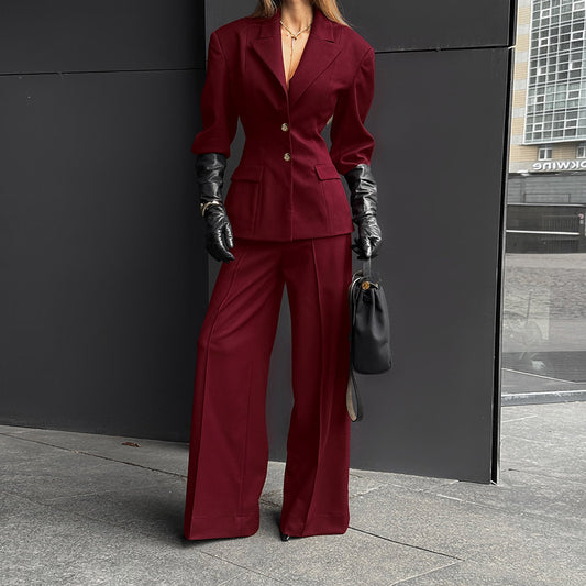 Wine Red Small Blazer Trousers Two Piece Sets