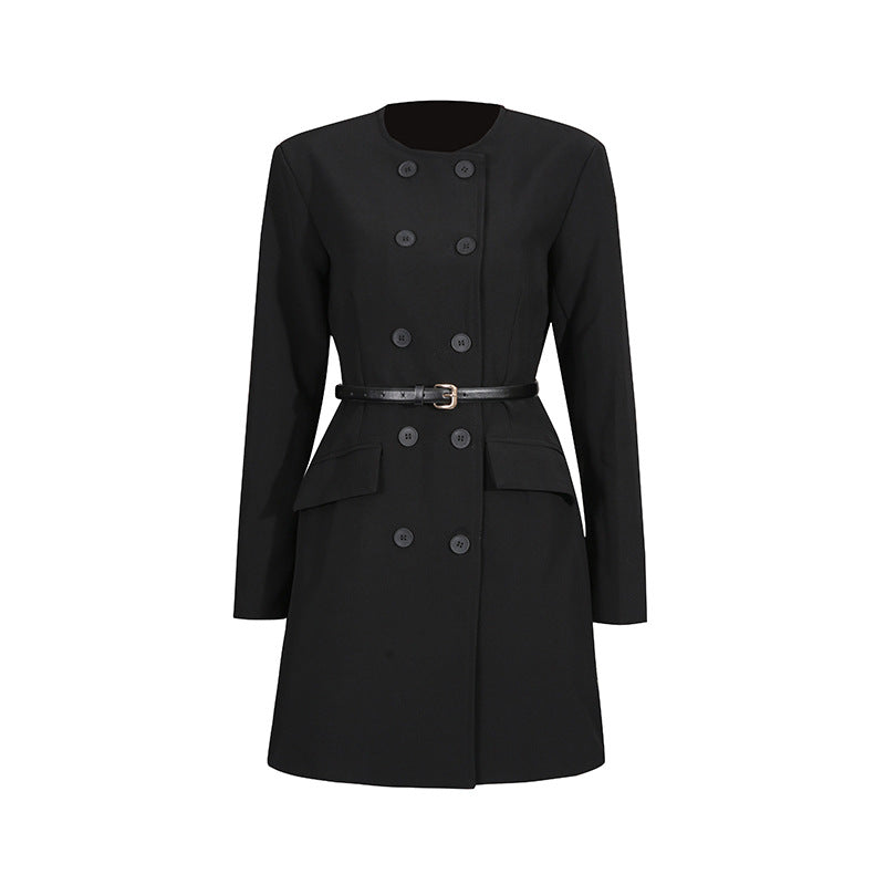 Slim Fit Tied Double Breasted Solid Color Coat