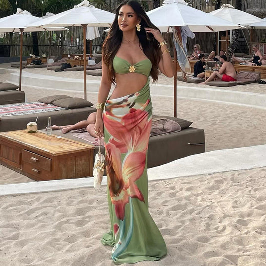 Vacation Cropped Wrapped Chest Spaghetti Strap Floral Print Dress