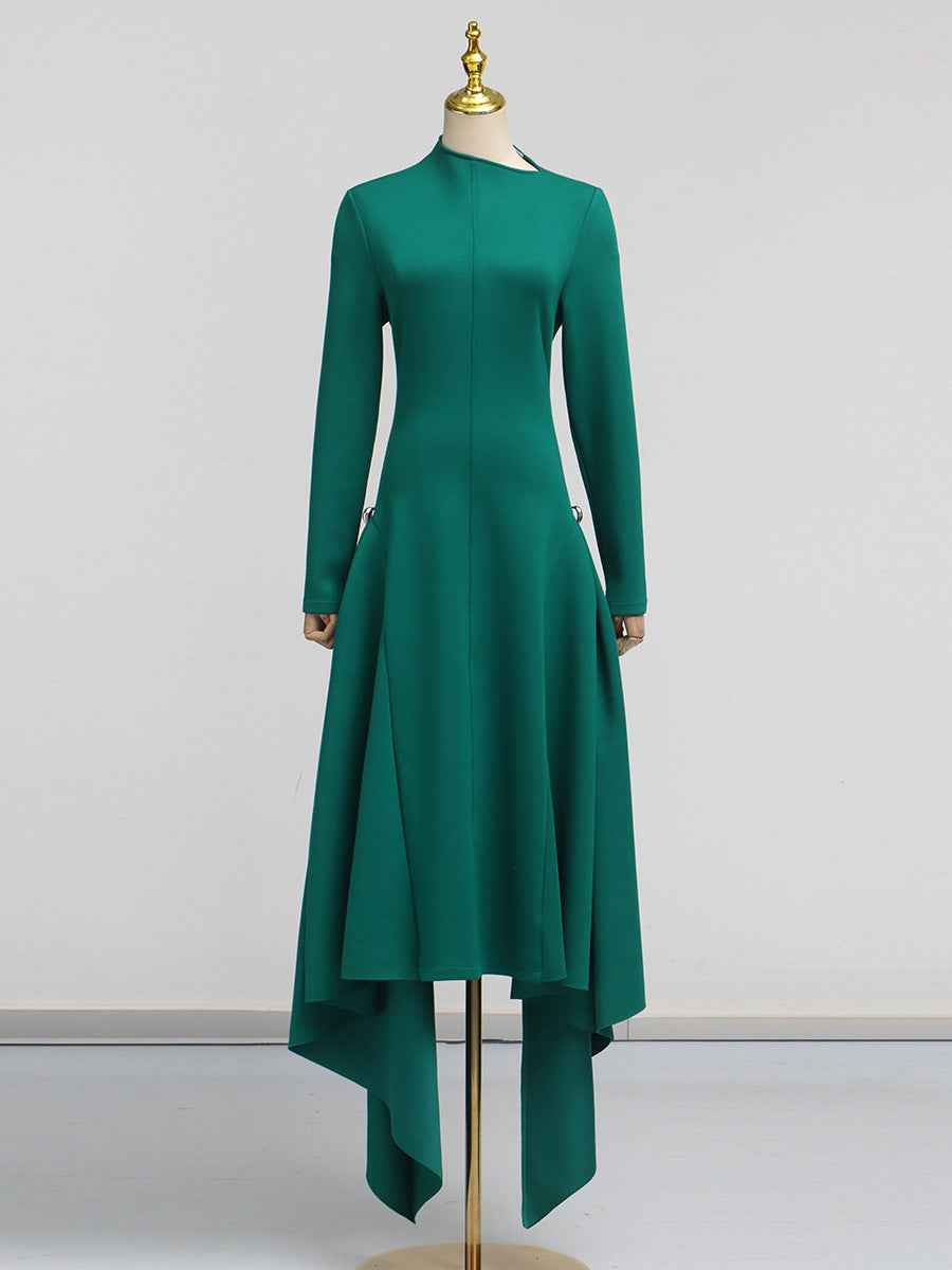 Simple Solid Color Dress Spring High Grade Waist Slimming Irregular Asymmetric Dress Women