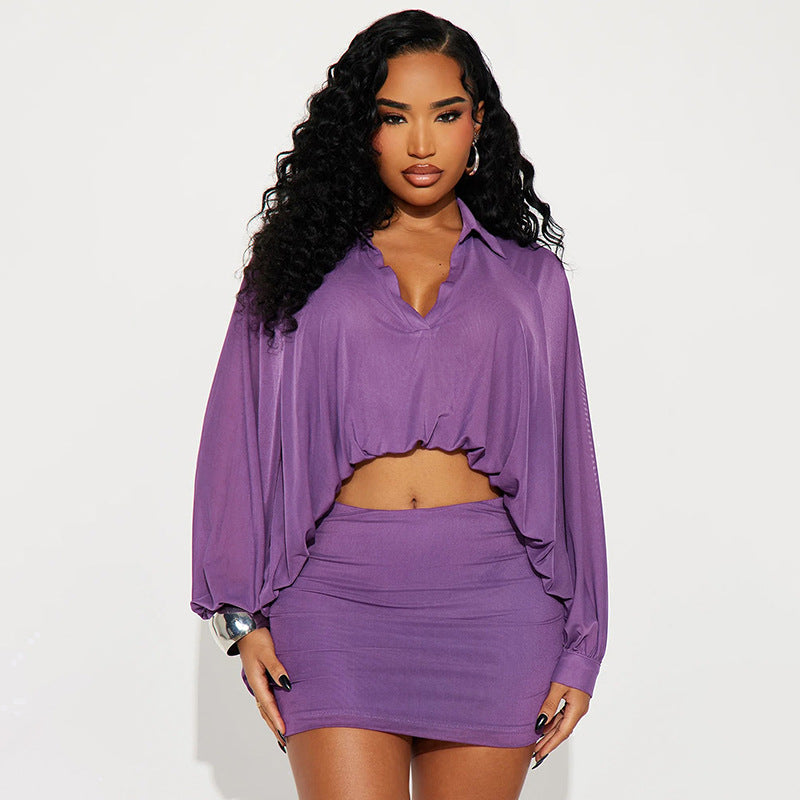 Women Clothing Autumn Winter Solid Color Casual Long Sleeves Top Mesh Bubble Hem Shirt Skirt Two Piece Sets