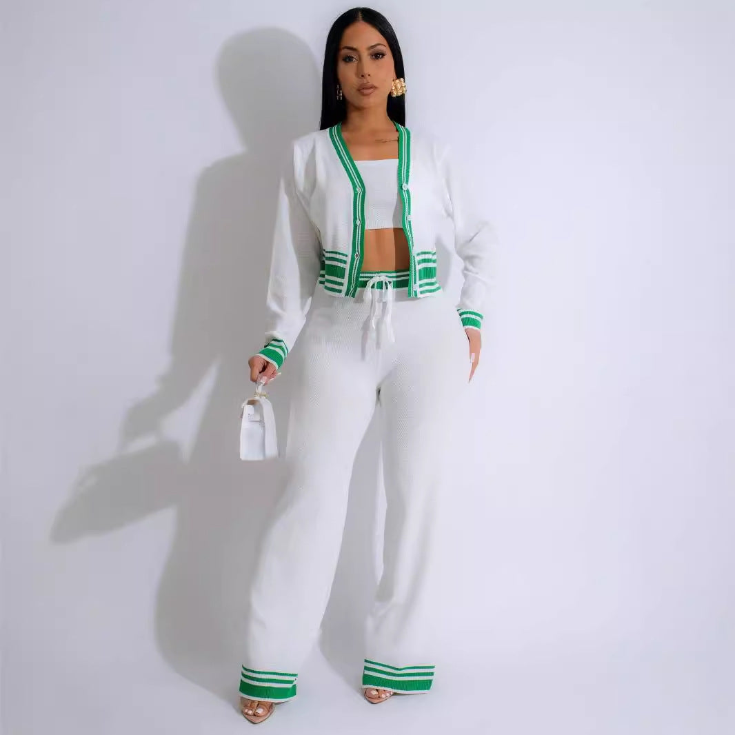 Autumn Winter Ladies Striped Cardigan Knit Casual Three Piece Set