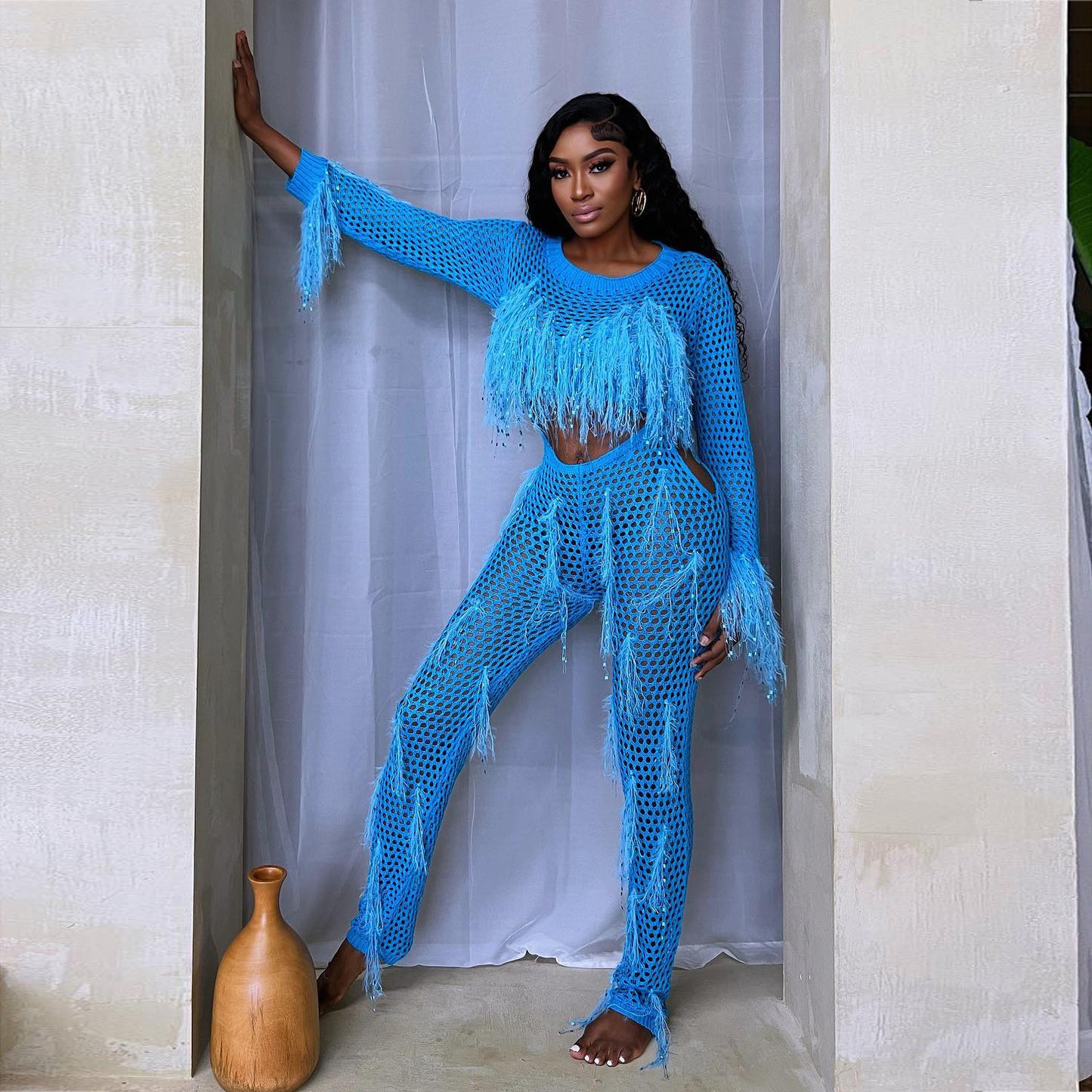 Women Clothing Sexy Mink like Handmade Tassel Knitted Hollow Out Cutout Split Jumpsuit