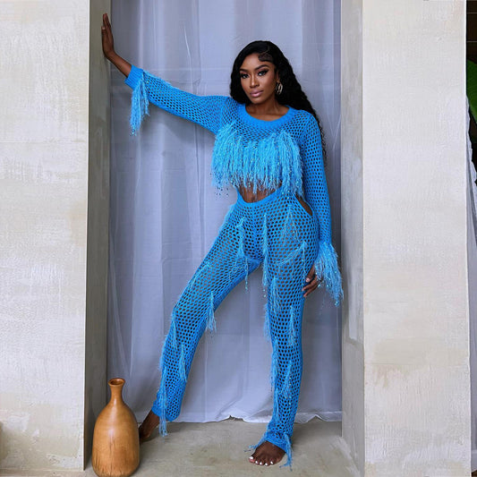 Women Clothing Sexy Mink like Handmade Tassel Knitted Hollow Out Cutout Split Jumpsuit