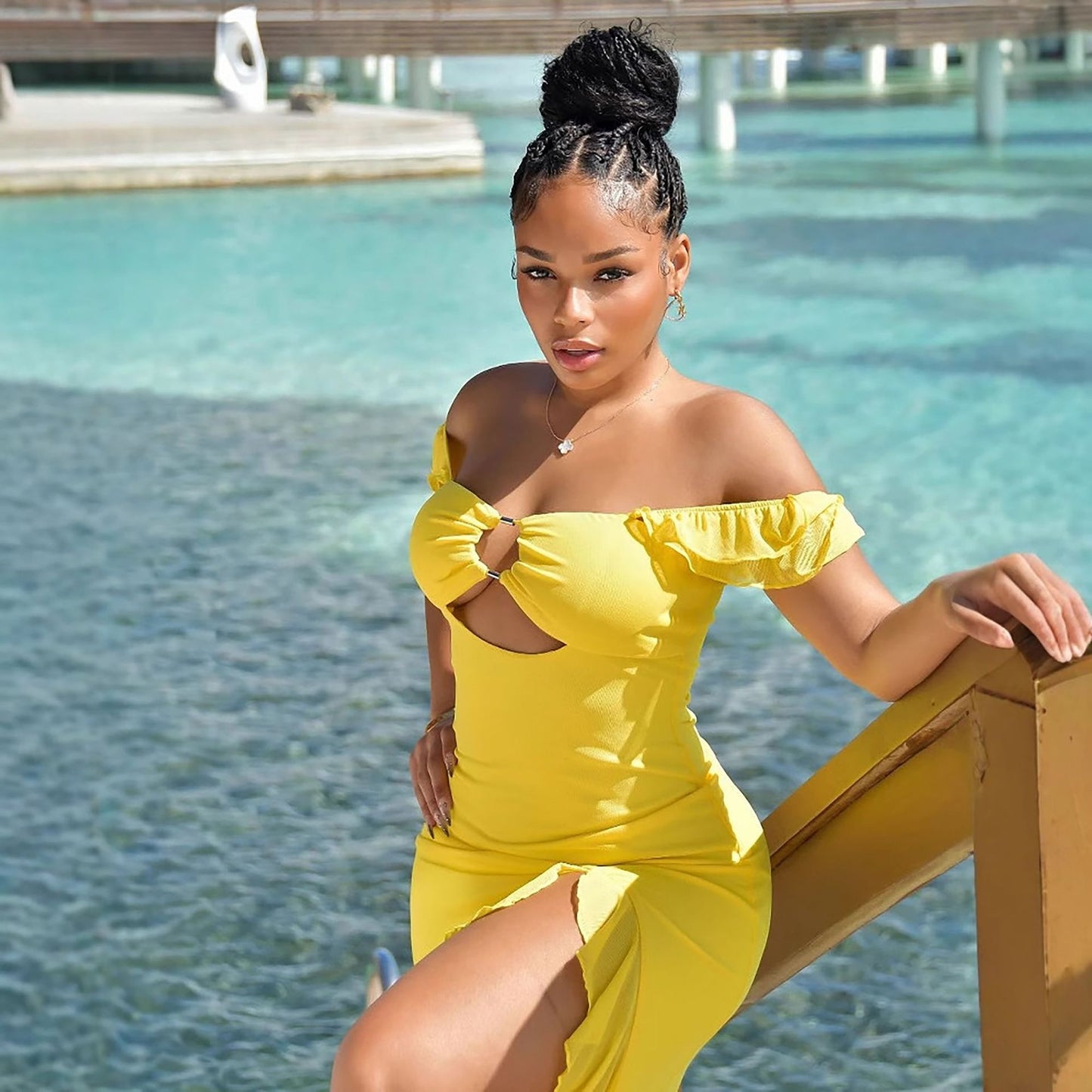 off Shoulder Tube Top Hollow Out Cutout Slim Fit Slit Dress