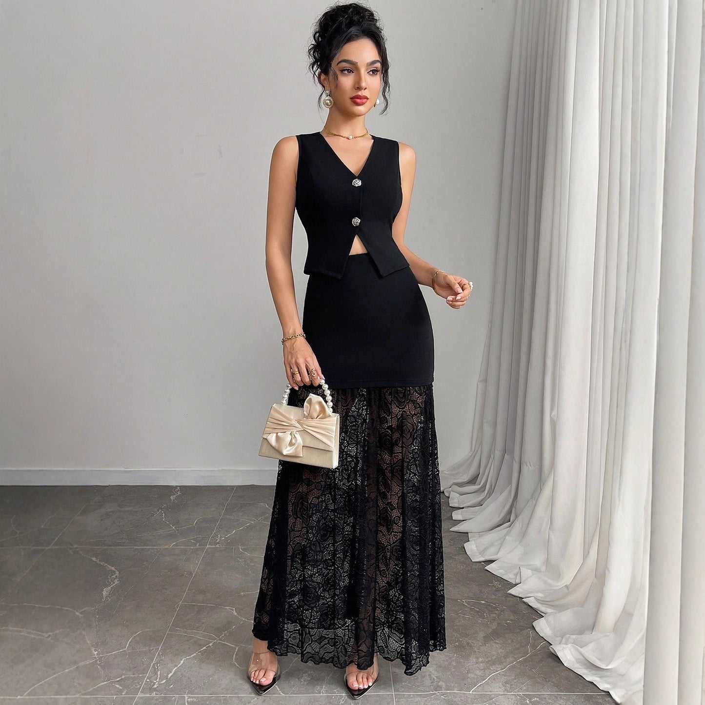 Autumn Winter Vest with Lace Stitching Skirt Ladies Two Piece Sets Daily