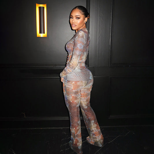 Long Sleeve round Neck Top Sexy See through Slim Fit Trousers Set