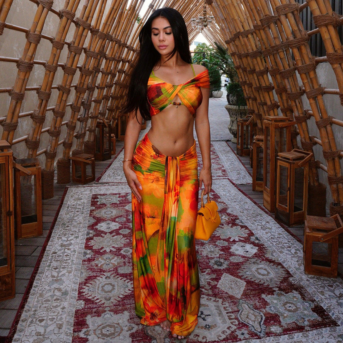 Drop Shoulder Hollow Out Cutout Low Waist Cropped Skirt Set