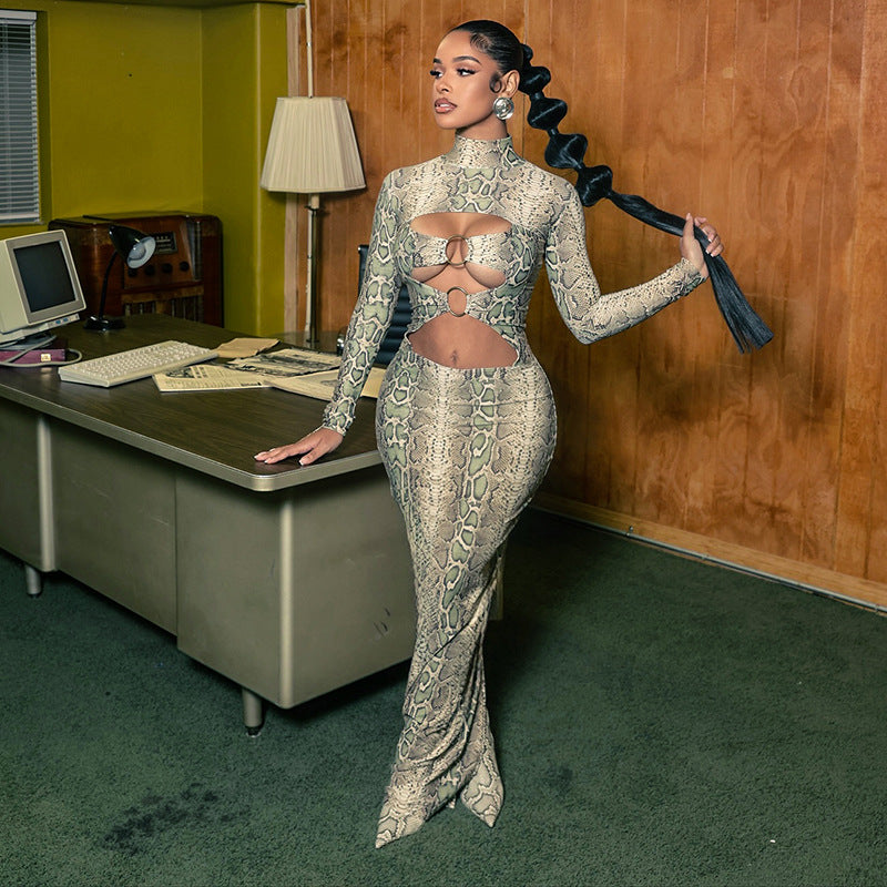 Snake Pattern Printed Sexy Slim Fit Ring Long Sleeve Hollow Out Cutout out Maxi Dress