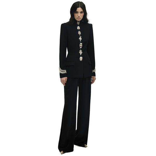 Early Autumn Star Bead Diamond Stand up Collar Jacket Trousers Two Piece Sets