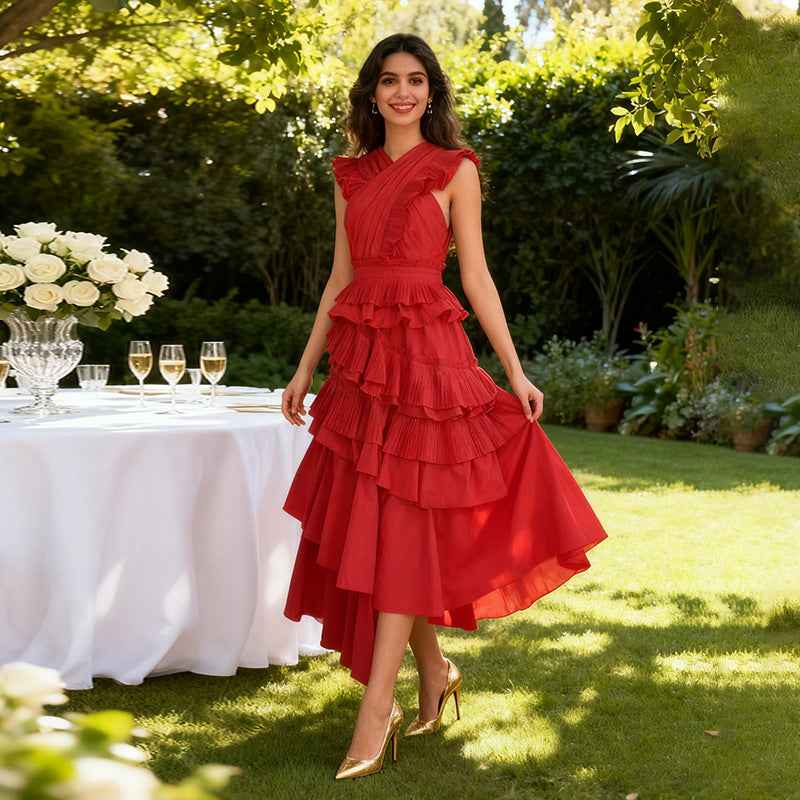 Spring Elegant Elegant Wooden Ear Stitching High Grade V neck Cross Maxi Dress Women Clothing