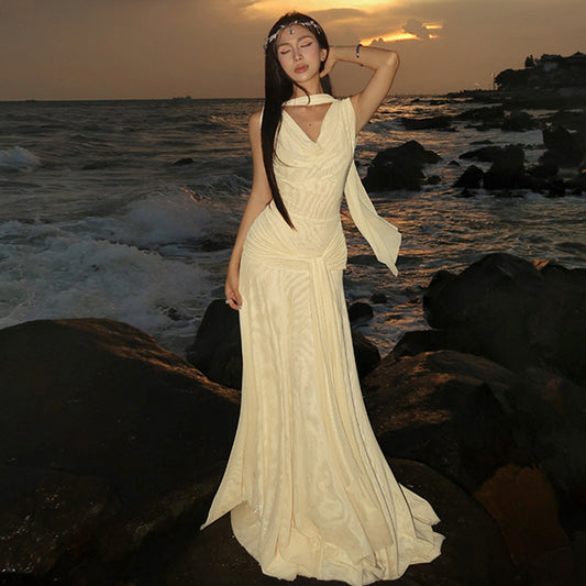 Women Clothing Winter Sexy Backless Gauzy Slim Fit Patchwork Tied Dress Women